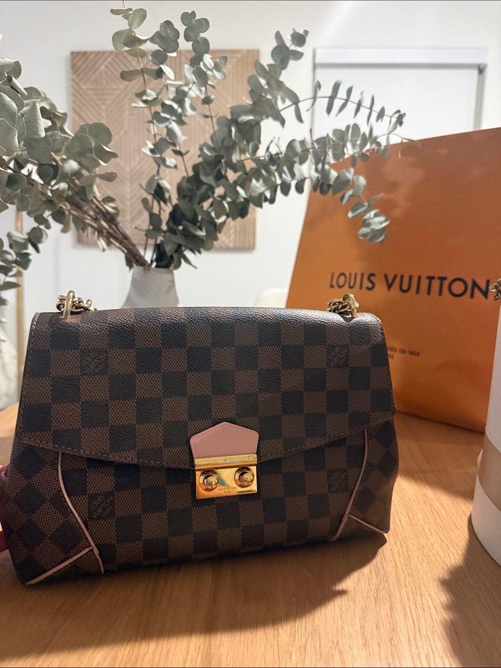 Louis Vuitton Damier Ebene Caissa Clutch/Shoulder Bag with Pink Trim and Gold - Picture 7 of 7